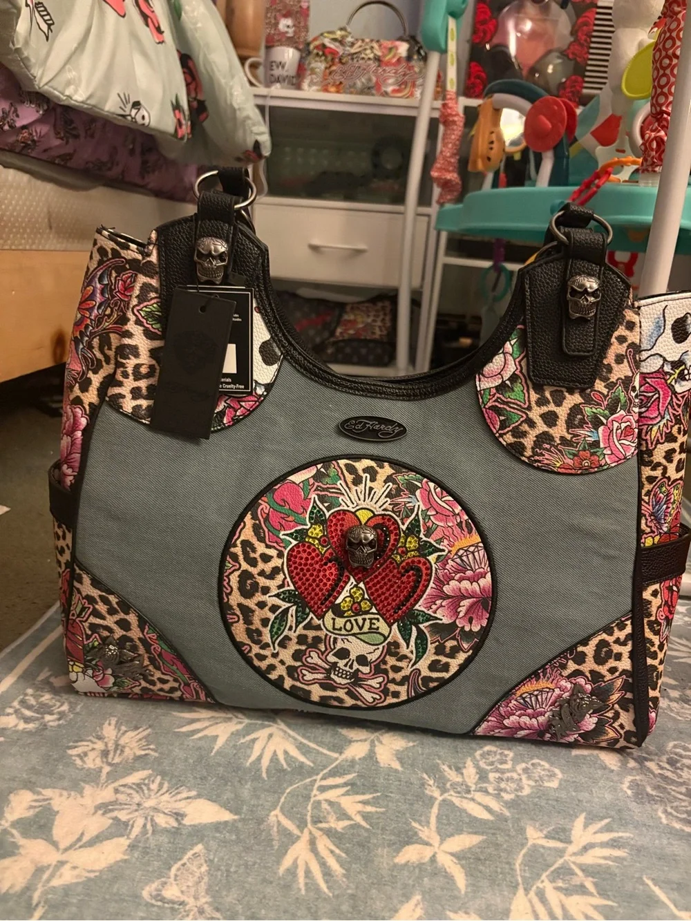 Embellished Ed Hardy Floral & Leopard Tote Bag in Blue
